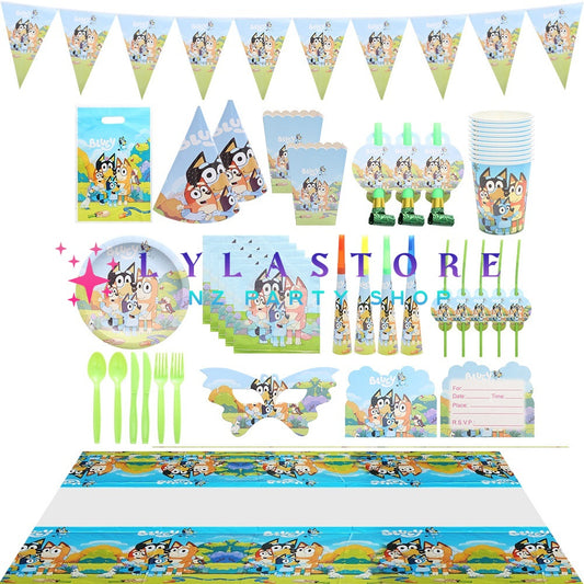 bluey-birthday-party-plate-fork-straw-cups-cake-topper-backdrop-mask-blower-lylastore.com